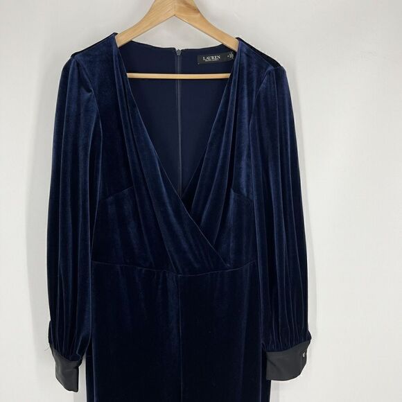 Lauren Ralph Lauren Jumpsuit Size 8 Womens Navy Velvet Surplice Evening Wrap - Picture 2 of 11
